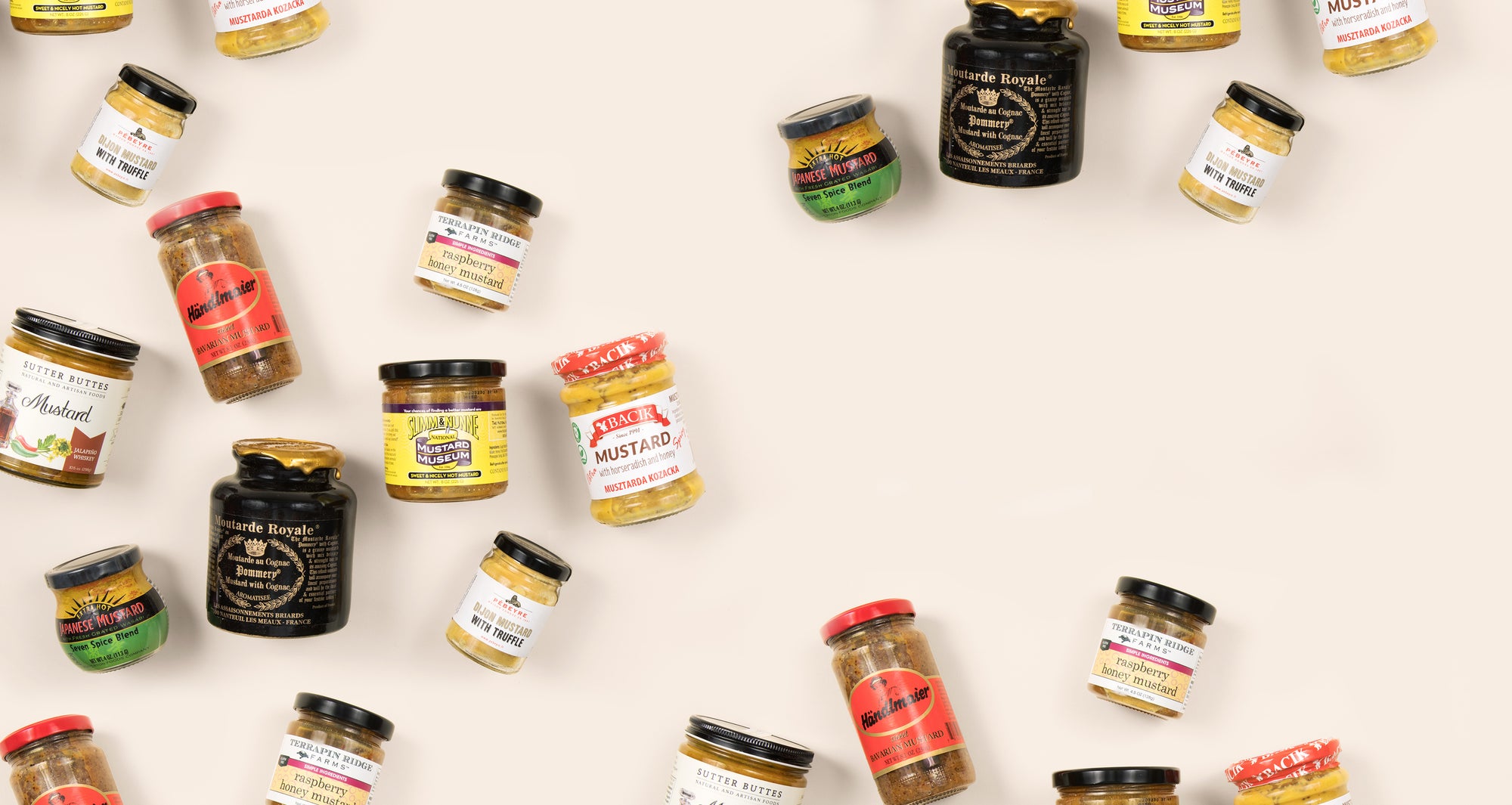 Several best-selling mustards on beige background