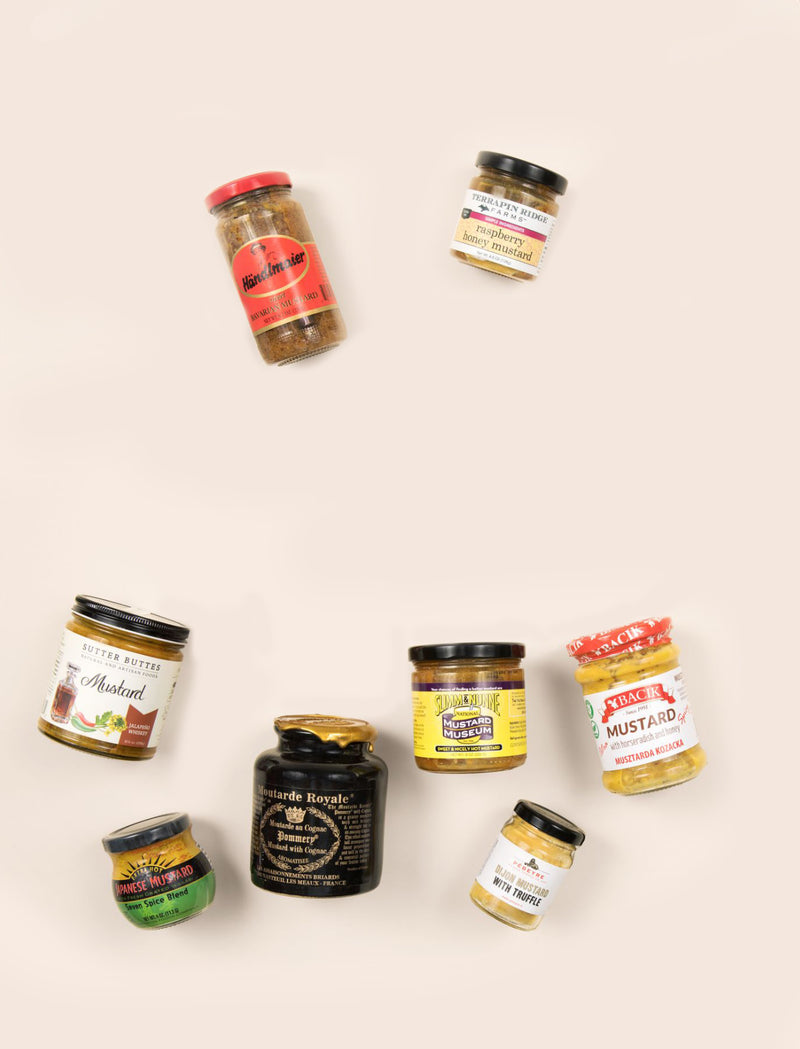 Eight best-selling mustards on beige background